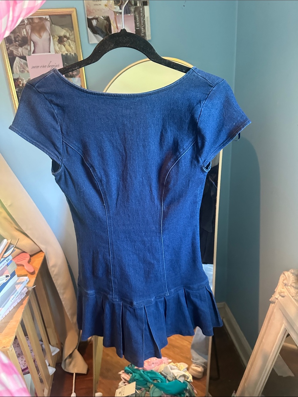 Navy Blue Tie-Front Pleated Mini Dress /with Skort underneath